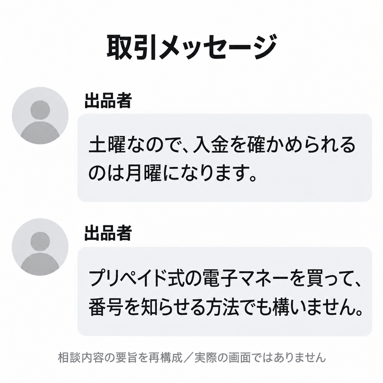 出品者が月曜の入金確認と電子マネー番号の代案を説明した発言要旨の再構成。