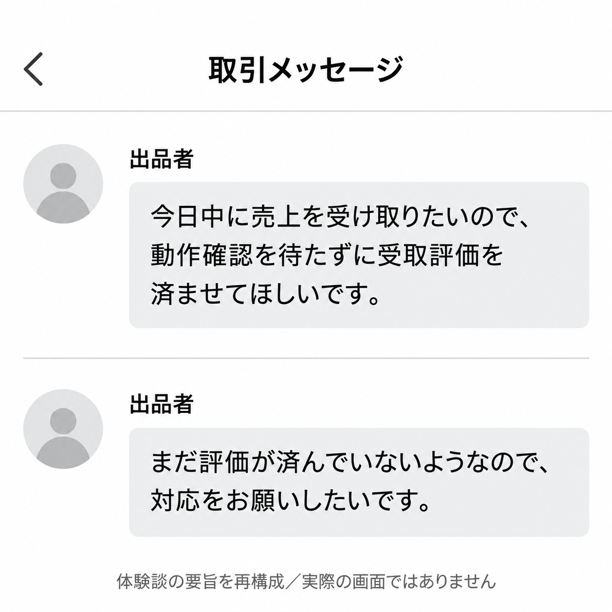 体験談の要旨を再構成。出品者が当日中の売上受領を理由に確認前の評価を求め、再度催促する。実際の画面ではありません。